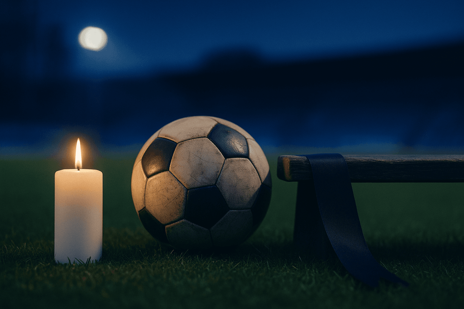 Kerze, Fußball und Trauerflor auf dem Rasen bei Dämmerung – In stillem Gedenken, WFV 04